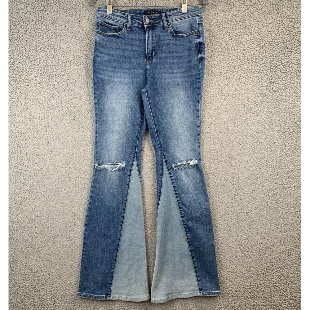 Judy Blue Jeans Flare Fit 9/29 Mid Rise Two Tone Panel Denim Retro Boho Hippie